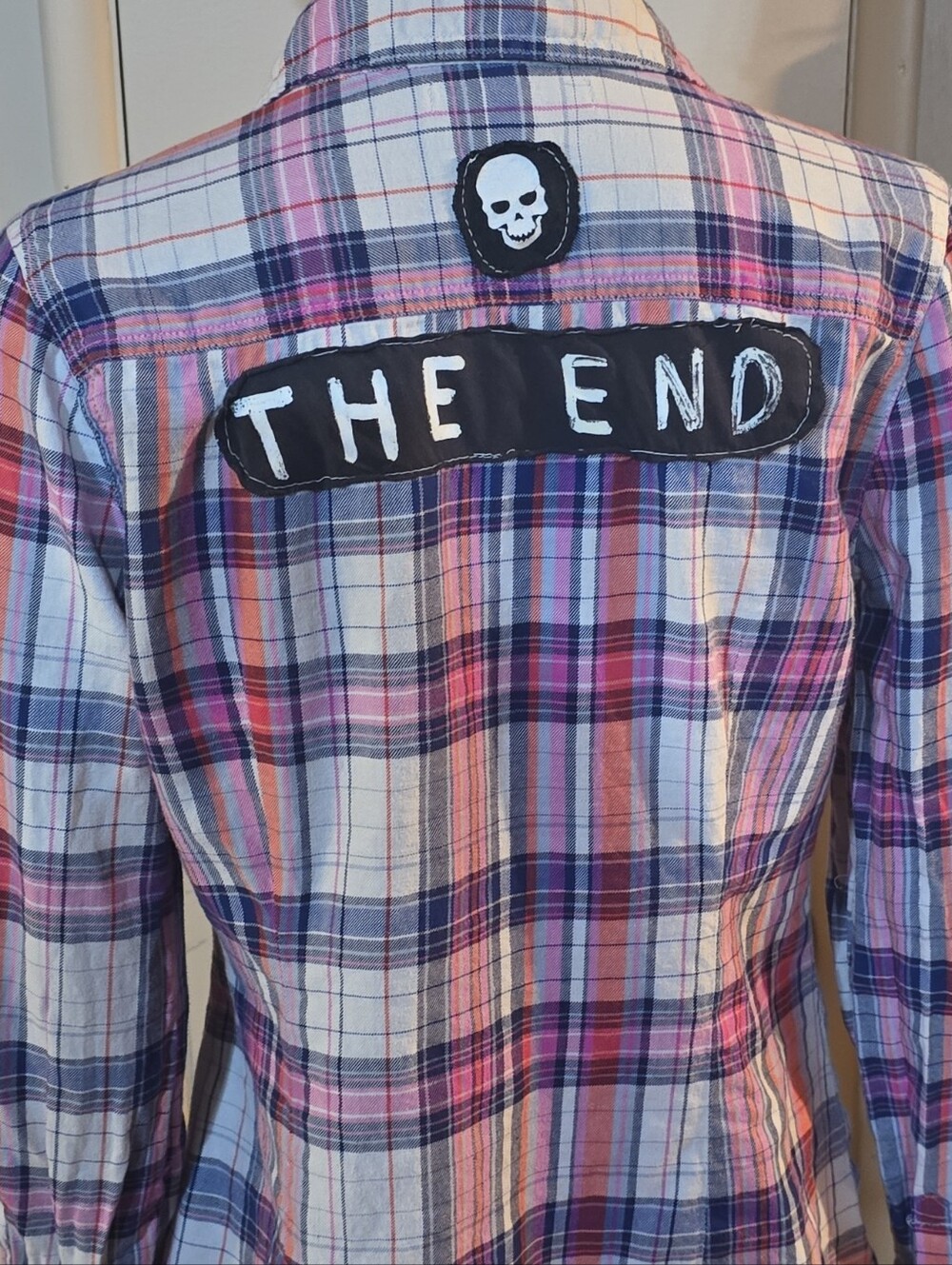 Upcycled Skull Flannel Long in Pink and Blue